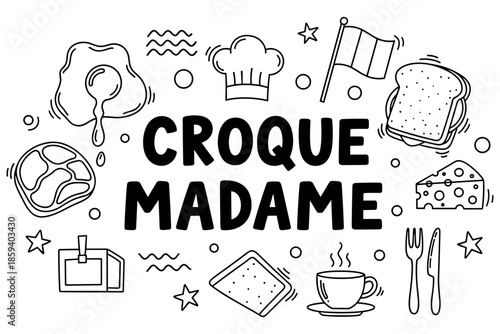 French croque madame breakfast elements in black and white illustration with eggs and cheese