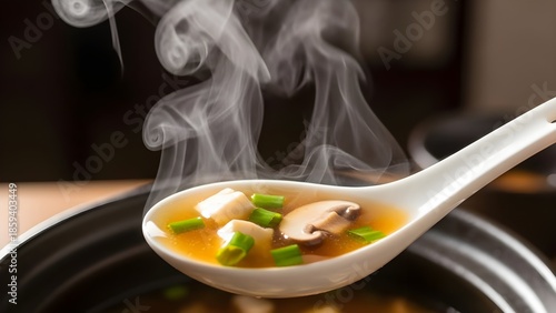 Steaming soup in spoon with vegetables