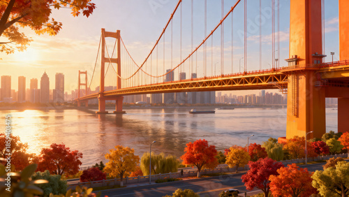 Landmark Scenery of Yangsigang Yangtze River Bridge in Wuhan, Hubei, China