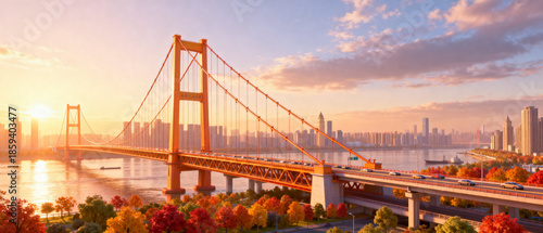 Landmark Scenery of Yangsigang Yangtze River Bridge in Wuhan, Hubei, China
