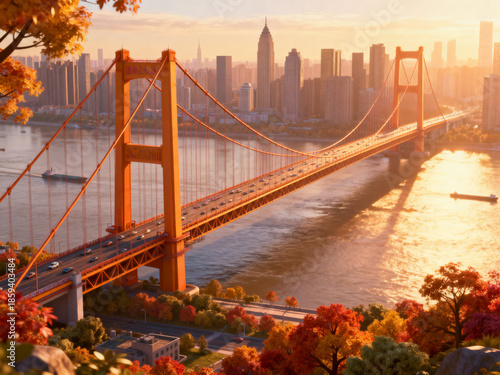 Landmark Scenery of Yangsigang Yangtze River Bridge in Wuhan, Hubei, China