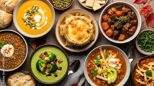 Variety of soups on a table