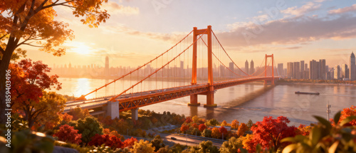 Landmark Scenery of Yangsigang Yangtze River Bridge in Wuhan, Hubei, China