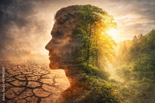 double exposure portrait showing human impact and nature contrast, climate change double exposure concept with forest and drought, climate change double exposure for environmental awareness campaigns