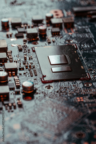 A chipset cpu component on a motherboard with all kind of transistors and computer chips.Vertical image with selective focus on the cpu socket.
