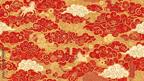 Vibrant red and gold chinese illustration with horses, clouds, and lanterns for cultural and festive designs