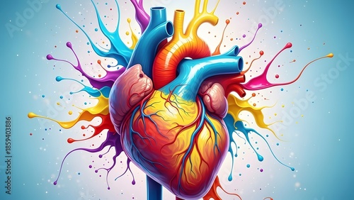 Colorful abstract illustration of a human heart with paint splashes