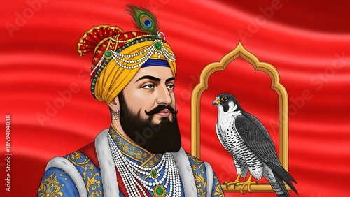 Illustration of a Royal Figure with Falcon on Red Background