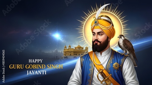 Illustration of Guru Gobind Singh with a Falcon and Golden Temple