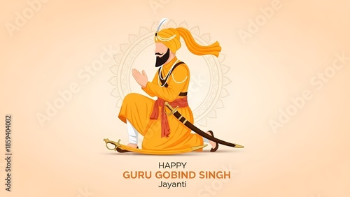 Illustration of Guru Gobind Singh in traditional attire with sword