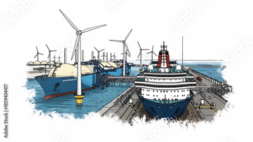 A hand-drawn illustration depicts a harbor with ships, wind turbines, and infrastructure. Two ships are docked