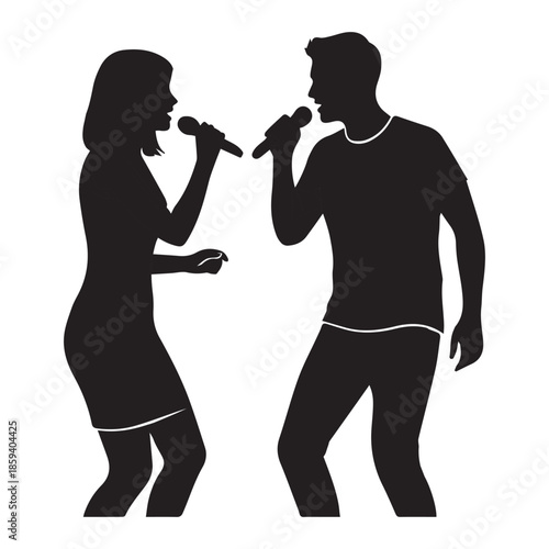 A silhouette of a man and woman singing together with microphones