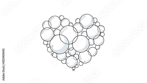 A heart shape composed of various sized white and grey bubbles on a blank white background. The bubbles are outlined in black