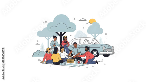 A group of friends and family enjoys a picnic in a park next to a vintage car on a sunny day