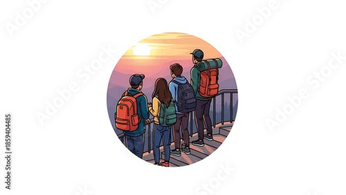 A group of friends watches a sunrise from a scenic overlook. They are wearing backpacks. Mountains are visible in the background