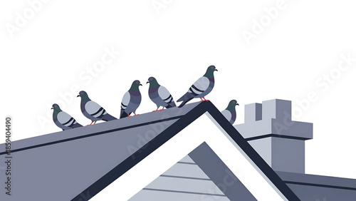 A group of gray doves perch on a simple, gray roof. A chimney is located on the right. The sky is white. Simple, geometric style