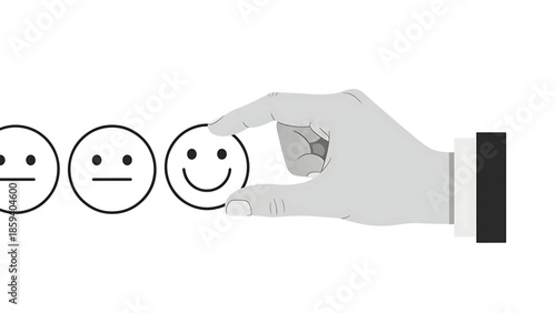 A grayscale illustration of a hand choosing a smiley face from a row of three, depicting different moods. A suit's sleeve is also visible