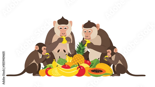 A group of primates, depicted in a flat style, are gathered, enjoying various fruits. Several fruits are arranged on the bottom