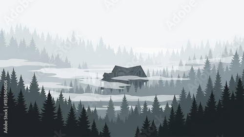 A grayscale illustration of a dilapidated house submerged in water within a dense forest, shrouded in mist, with layered trees