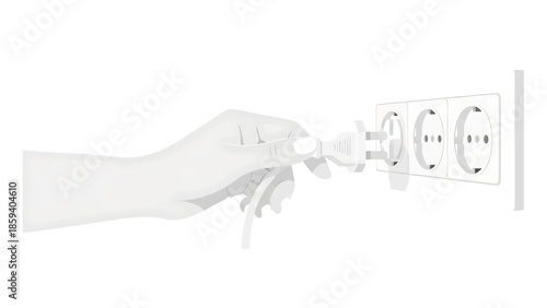 A grayscale illustration of a hand inserting an electric plug into an outlet. The image is clean and simple