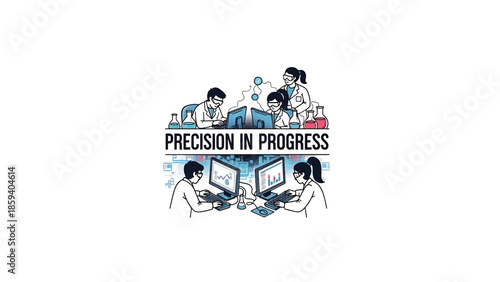A group of scientists in lab coats working in a laboratory, examining data on computer screens, with scientific equipment.  The  "Precision in Progress" appears