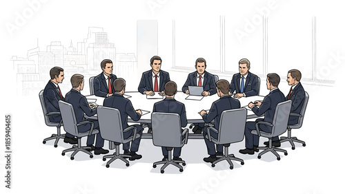 A group of professionals sit around a circular table in a meeting, city skyline in the background, discussing important matters. Business attire