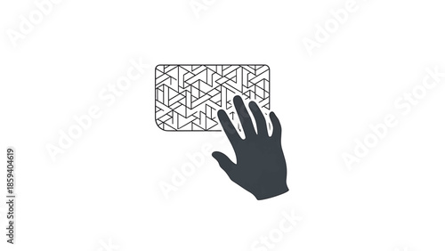 A grayscale illustration of a hand touching a rectangular, patterned surface against a white background. The hand is a solid shape