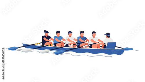 A group of six individuals is depicted in a rowing boat, each holding an oar. The boat is in a body of water