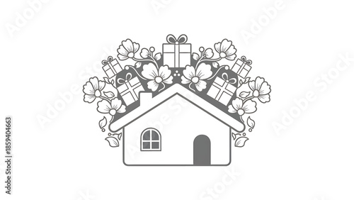 A grayscale illustration of a house surrounded by floral elements and gift boxes. The design symbolizes gifting and celebrations in a simple and elegant way