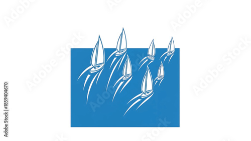 A group of stylized sailboats with white hulls and sails sail on a blue body of water with trails. The background is white