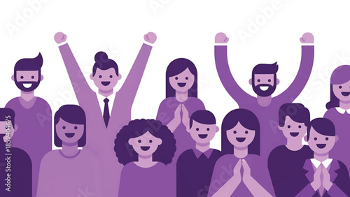 A group of smiling people in purple hues, some with arms raised. Some have hands together. All are facing forward, representing unity