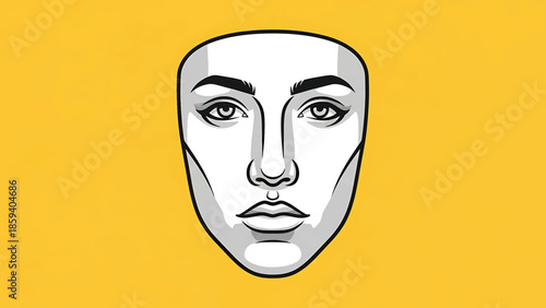A grayscale illustration of a human face, centered against a textured yellow background. The face is stylized with thick outlines