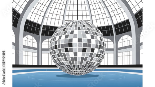 A grayscale illustration of a large mirrored sphere suspended over a dance floor, within a grand architectural space with arched windows