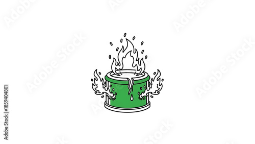 A green, stylized pot with flames erupting from its center. Dripping lines, fire bursts, and a simple outline define the illustration. White backdrop