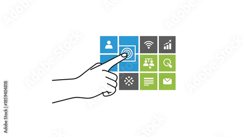 A hand, drawn in black lines, pointing at an interface of colorful squares with icons. A white background