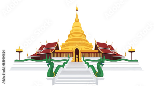 A golden temple with a tiered roof and red shingles. Green serpent statues flank a staircase leading up to the entrance. Two smaller structures