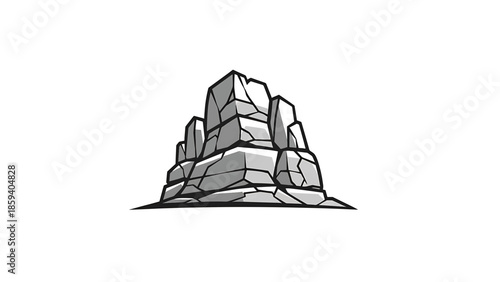 A grayscale illustration of a rock formation. The stylized design depicts stacked, angled rock faces with varying shades of gray, and black outlines