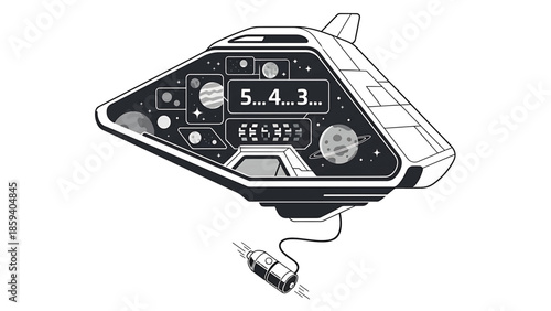 A grayscale illustration of a spacecraft interior displaying a countdown sequence amidst planets, stars, and space. Includes a separate space capsule