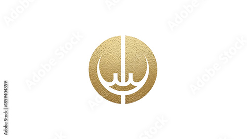 A golden, textured design features a central circular element. Inside, a unique, white symmetrical shape is present. The design is set against a simple white background