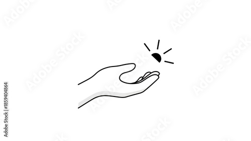 A hand, drawn in simple lines, reaches up towards a stylized sun icon, floating above the palm.  The image is clean and minimalistic