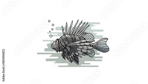 A grayscale illustration of a striped fish with many fins and spikes. Bubbles float nearby. Stylized