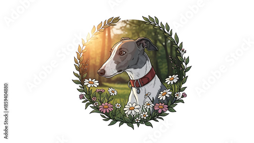 A grey and white canine portrait surrounded by a floral wreath. A red collar is on the dog. A forest background