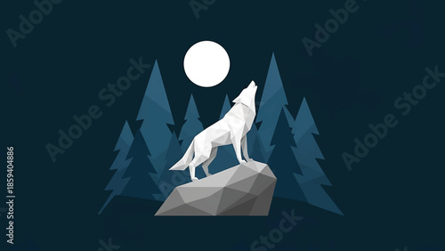 A geometric wolf howls at the moon, atop a polygonal rock with abstract pine trees behind it and a starry background