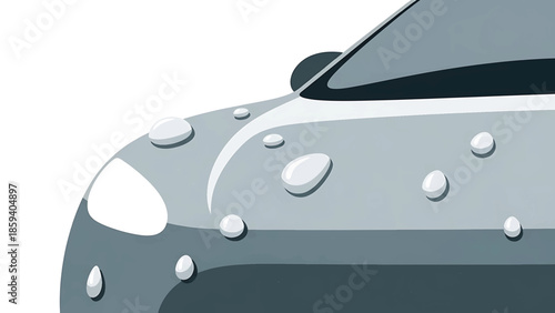 A grayscale illustration of a vehicle's front quarter, with water droplets on the surface. The design emphasizes texture and simplicity