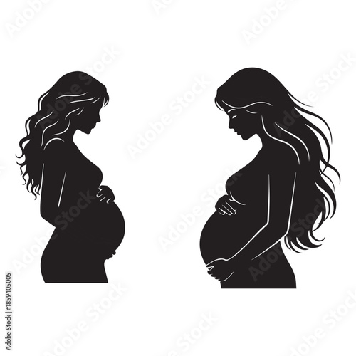 Two expectant mothers in silhouette facing each other in a maternal moment
