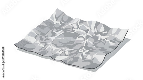A grayscale illustration of crumpled, metallic sheet, casting a shadow. The folded surface reflects light, depicting varied textures