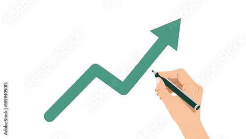 A hand, holding a pen, draws an upward trending green arrow on a white background, symbolizing growth and progress