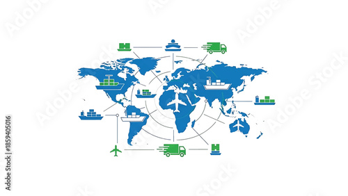 A global network concept, showcasing international trade. A world map is at the center, with airplanes, ships, and trucks connected by lines