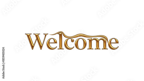 A gleaming gold-toned inscription of "Welcome" against a plain white background, rendered in a 3D effect with a decorative flourish above