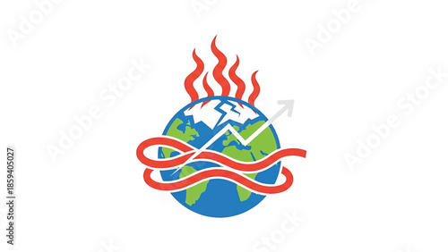 A globe encircled by red lines and flames, featuring a broken section and a rising arrow suggesting global issues. The art is symbolic